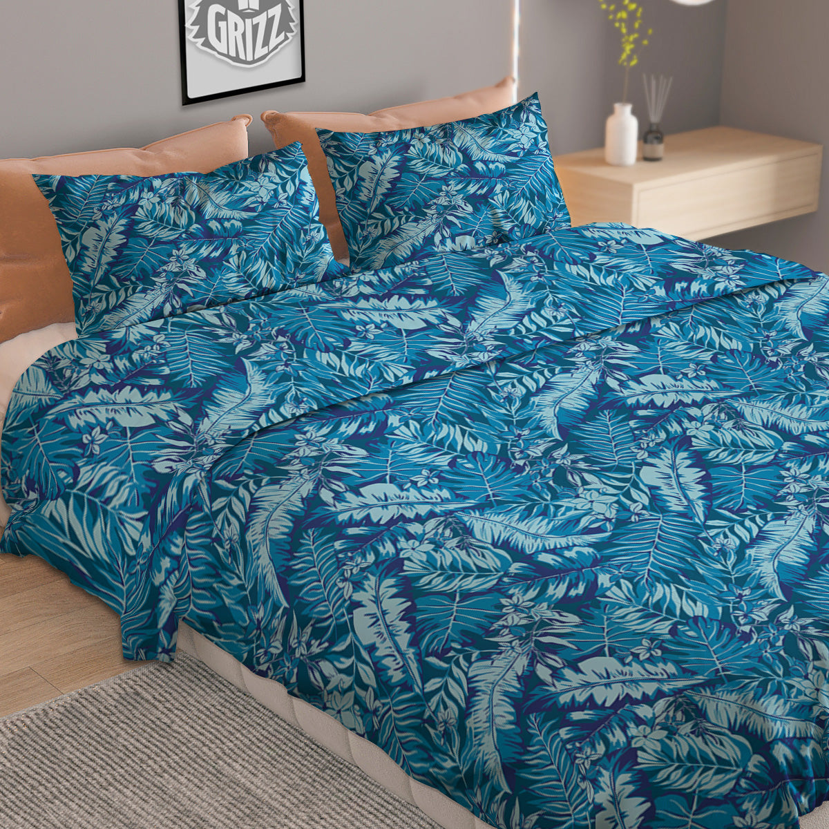 Blue Tropical Leaves Print Duvet Cover Bedding Set-grizzshop