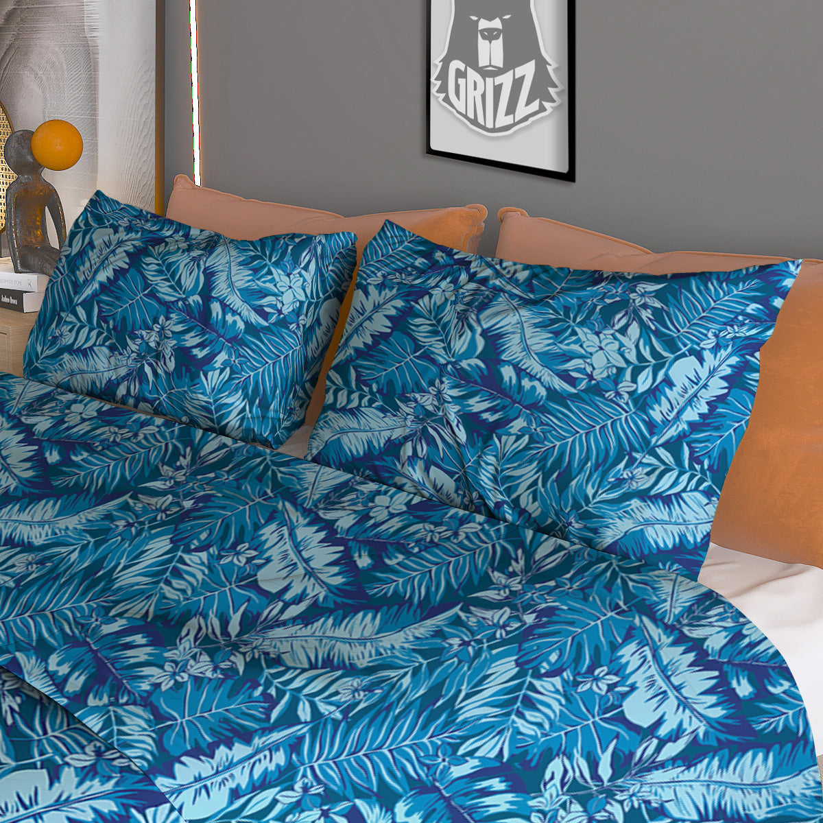 Blue Tropical Leaves Print Duvet Cover Bedding Set-grizzshop
