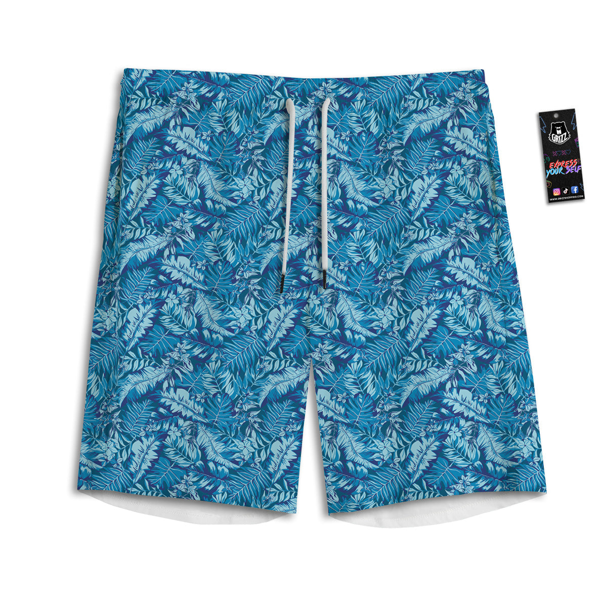 Blue Tropical Leaves Print Men's Athletic Shorts-grizzshop
