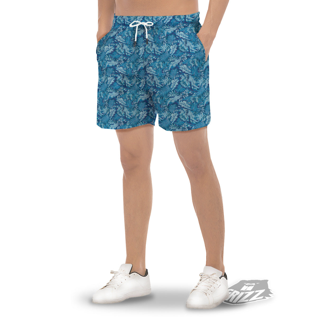 Blue Tropical Leaves Print Men's Gym Shorts-grizzshop
