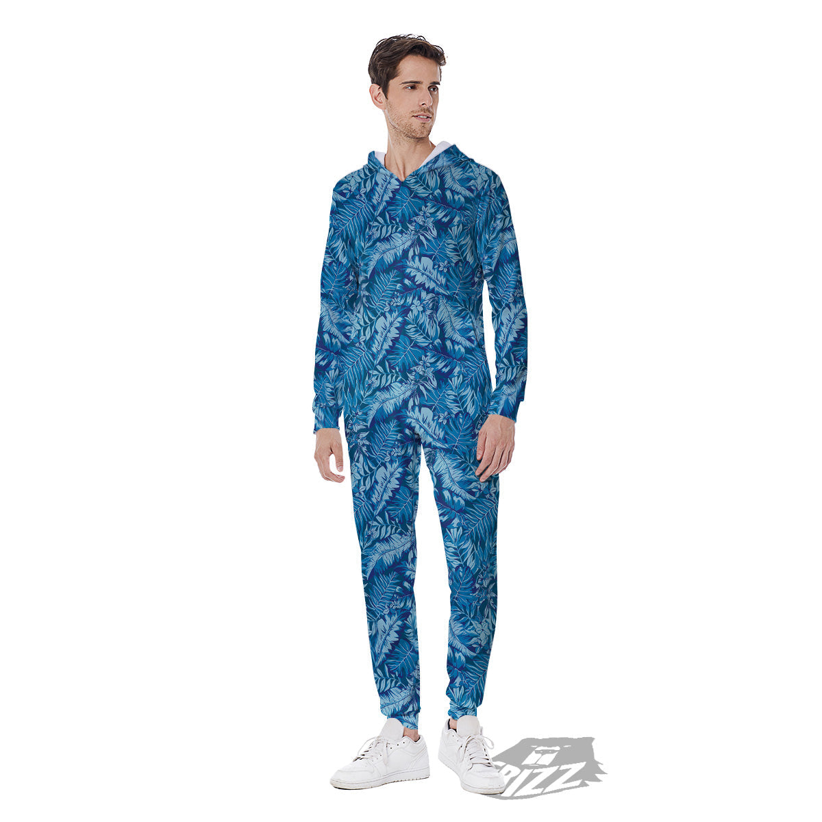 Blue Tropical Leaves Print Men's Jumpsuit-grizzshop