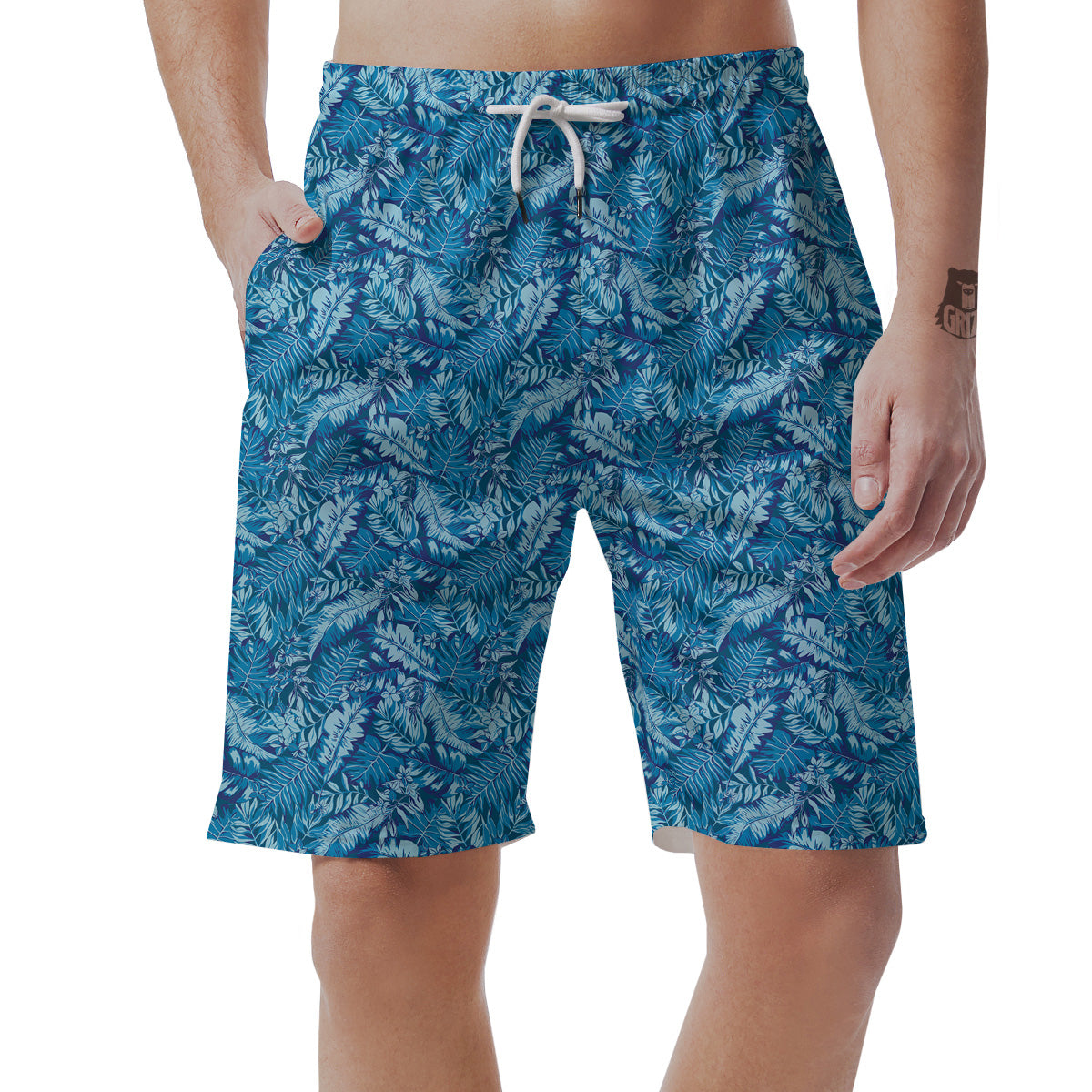 Blue Tropical Leaves Print Men's Shorts-grizzshop