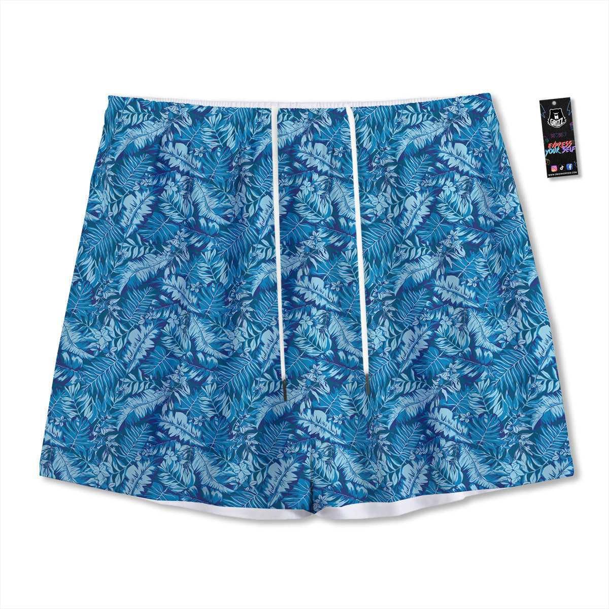 Blue Tropical Leaves Print Mesh Shorts-grizzshop