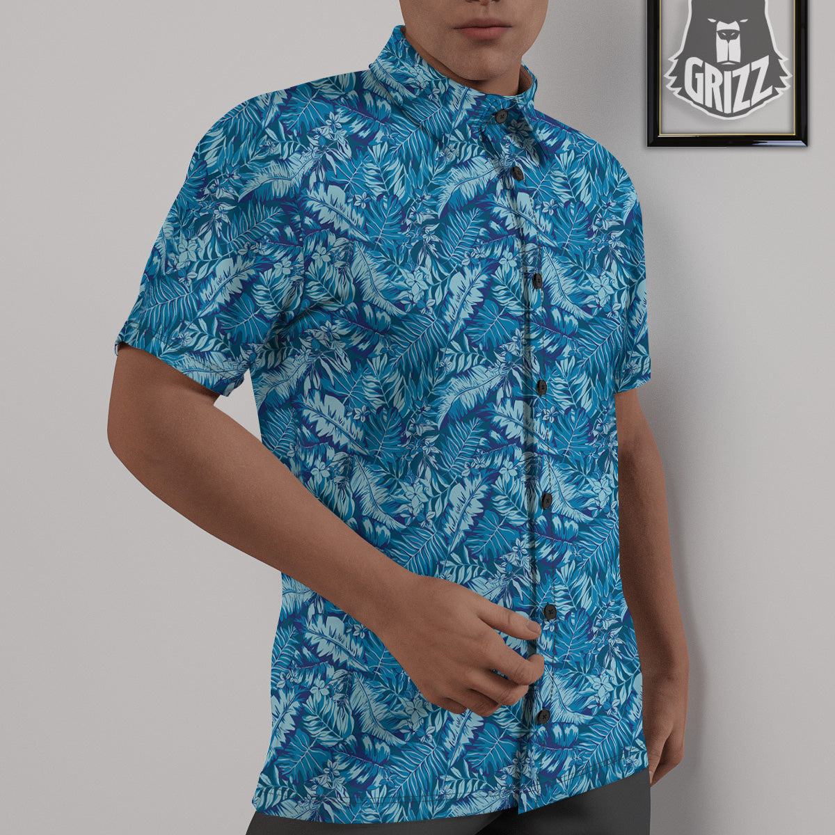 Blue Tropical Leaves Print Untucked Shirts-grizzshop