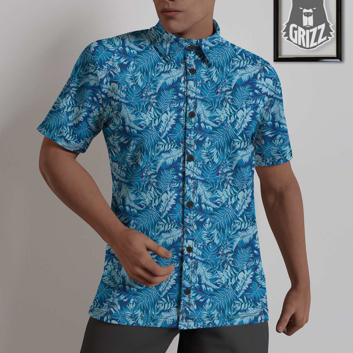 Blue Tropical Leaves Print Untucked Shirts-grizzshop