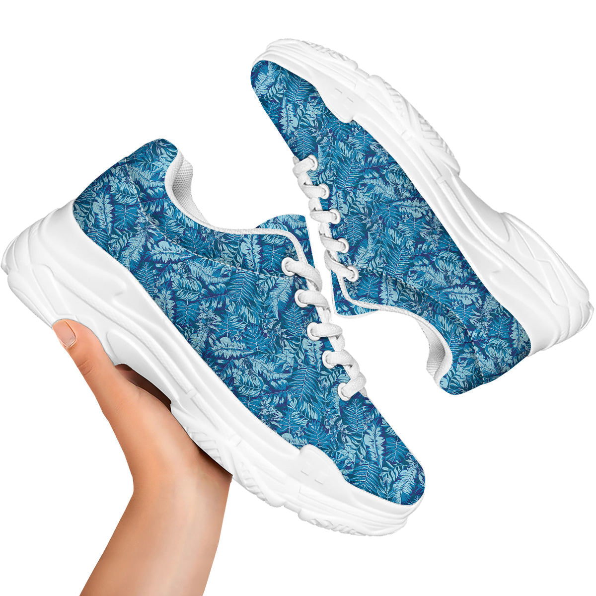 Blue Tropical Leaves Print White Chunky Shoes-grizzshop