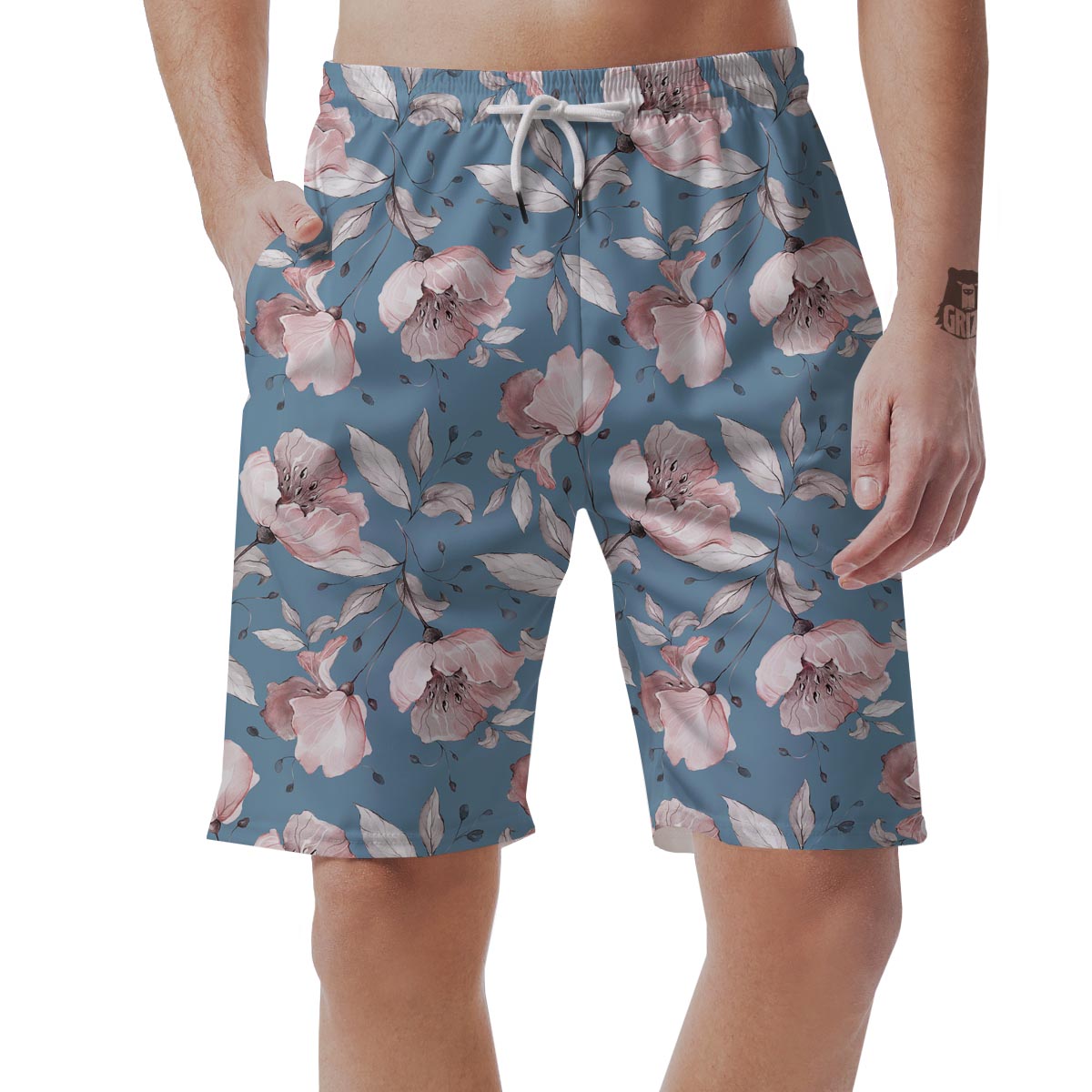 Blue Vintage Floral Print Men's Shorts-grizzshop
