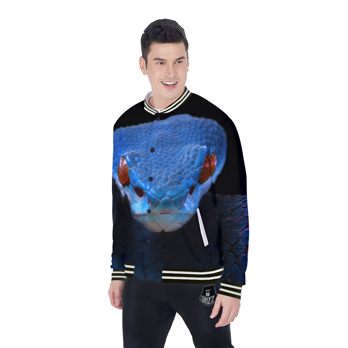 Blue Viper Snake Print Baseball Jacket-grizzshop