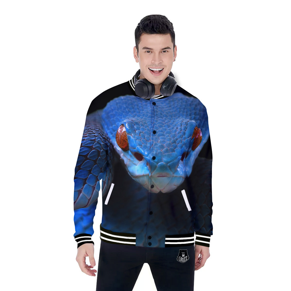 Blue Viper Snake Print Baseball Jacket-grizzshop