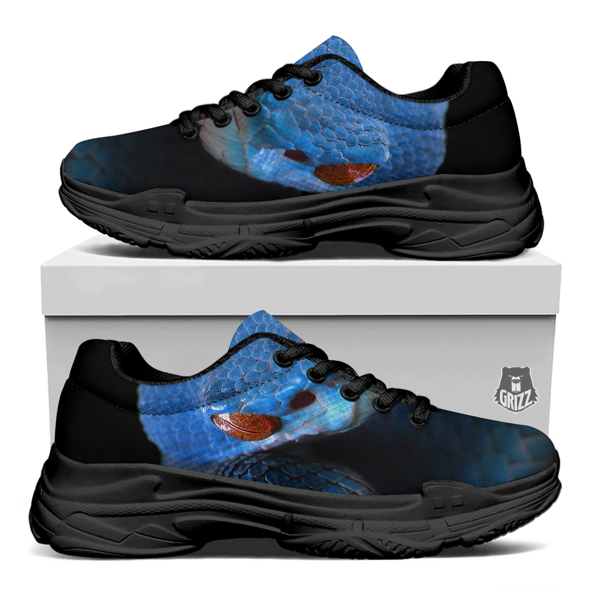 Blue Viper Snake Print Black Chunky Shoes-grizzshop