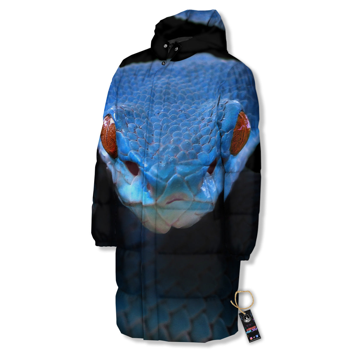 Blue Viper Snake Print Long Down Jacket-grizzshop