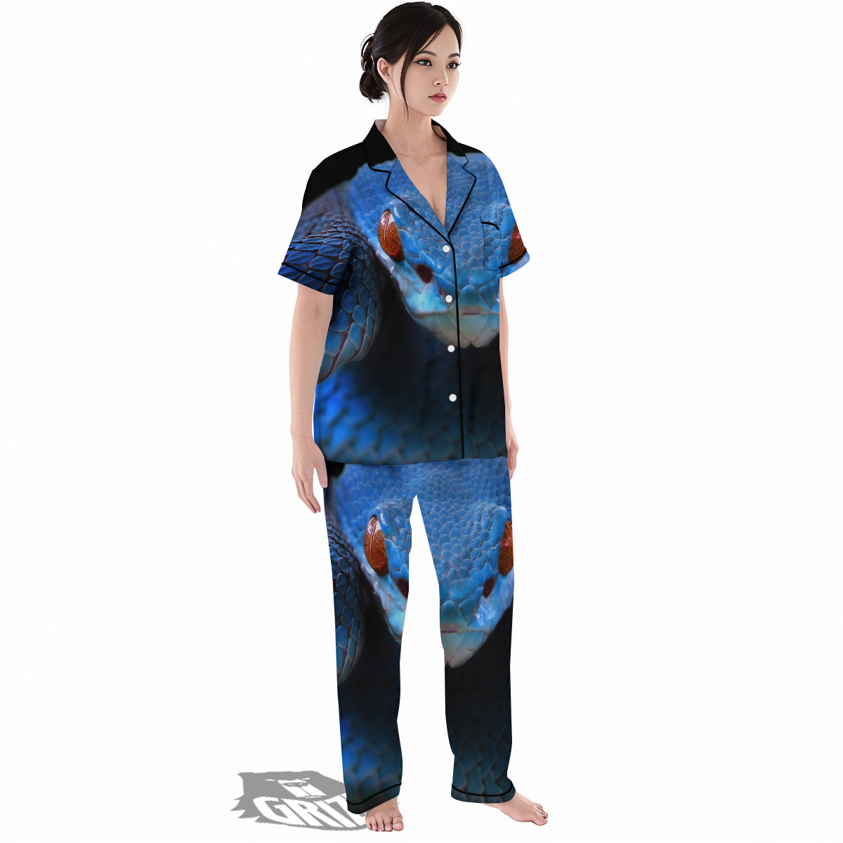 Blue Viper Snake Print Women's Pajamas Set-grizzshop