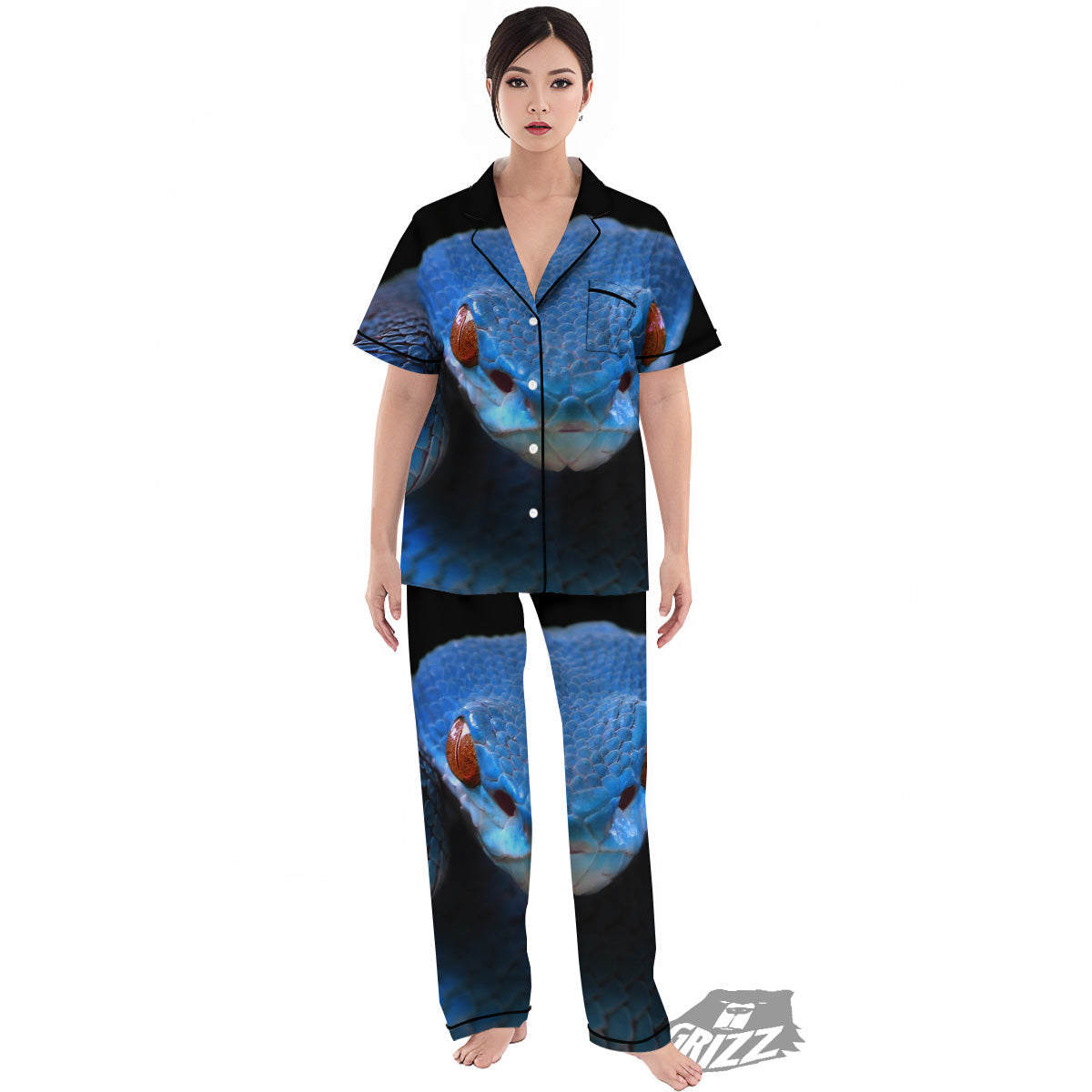 Blue Viper Snake Print Women's Pajamas Set-grizzshop