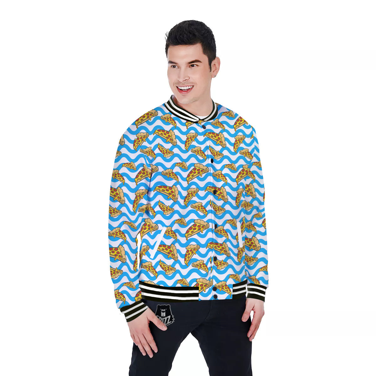 Blue Wave Pizza Print Pattern Baseball Jacket-grizzshop