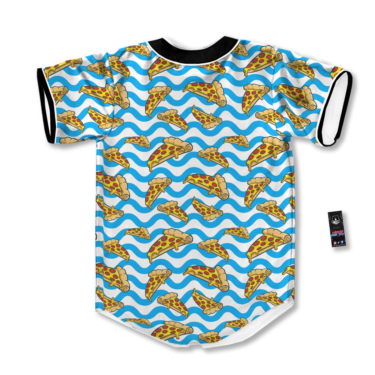 Blue Wave Pizza Print Pattern Baseball Jersey-grizzshop