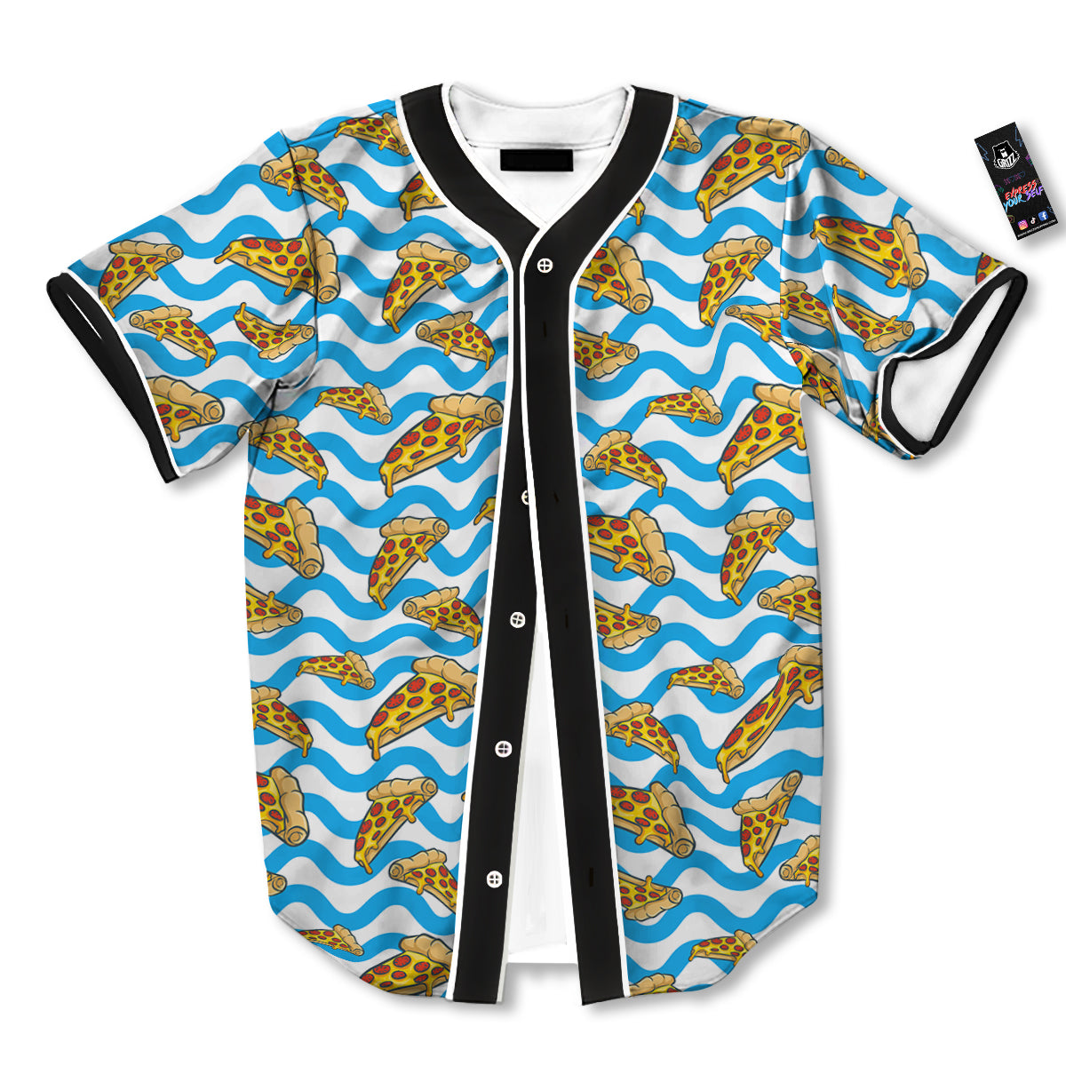 Blue Wave Pizza Print Pattern Baseball Jersey-grizzshop