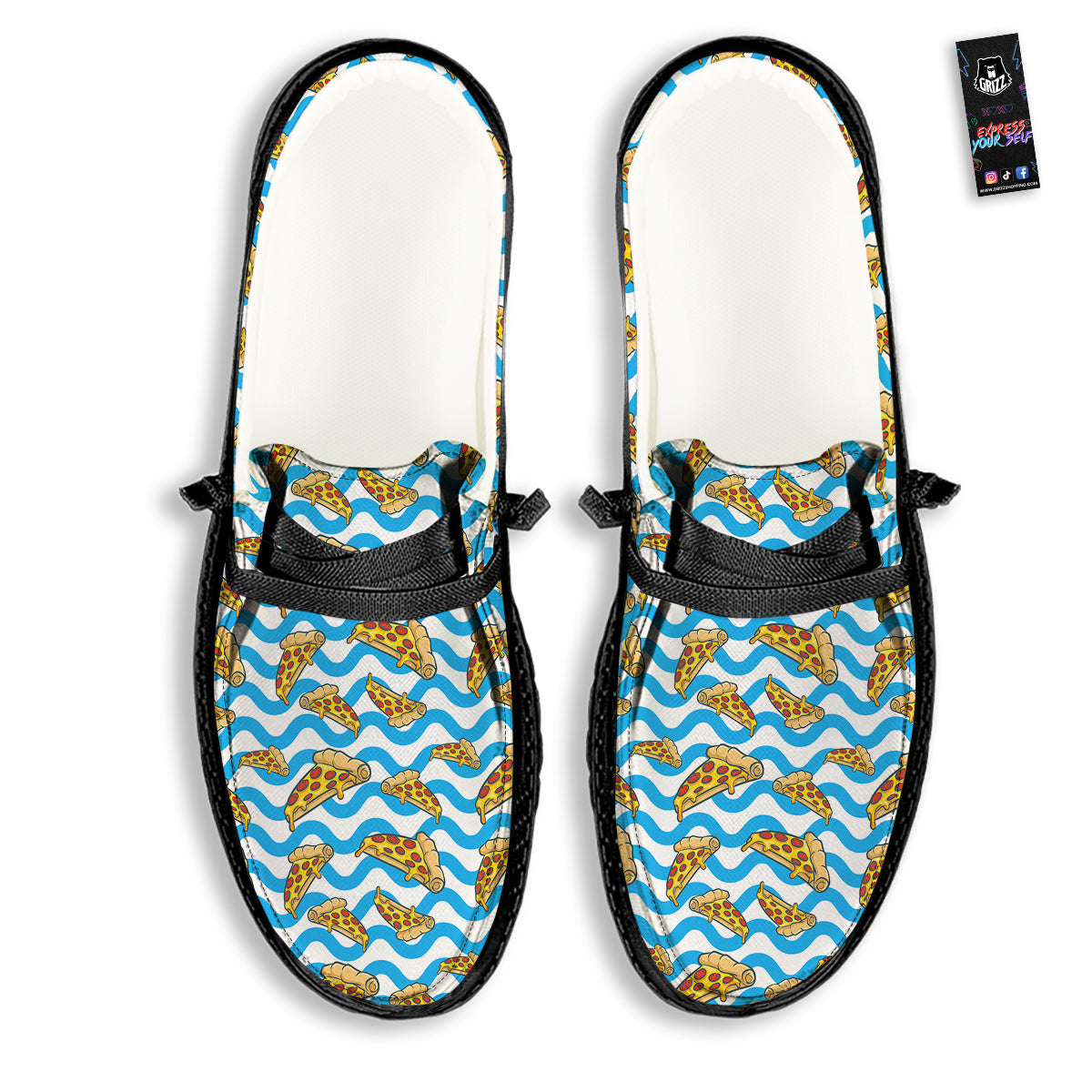 Blue Wave Pizza Print Pattern Black Loafers-grizzshop