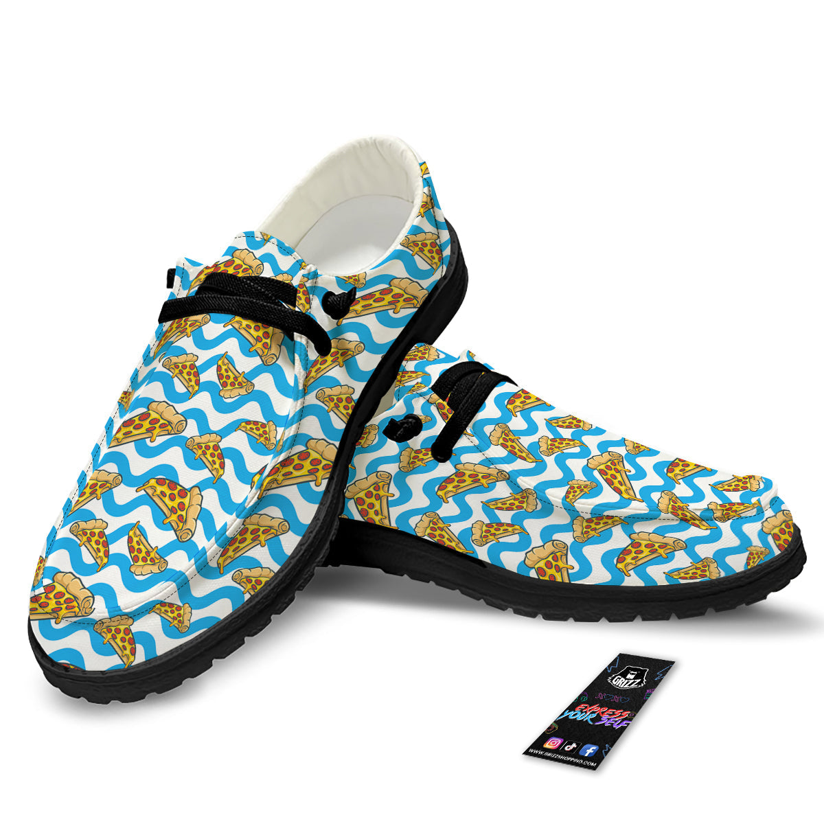 Blue Wave Pizza Print Pattern Black Loafers-grizzshop