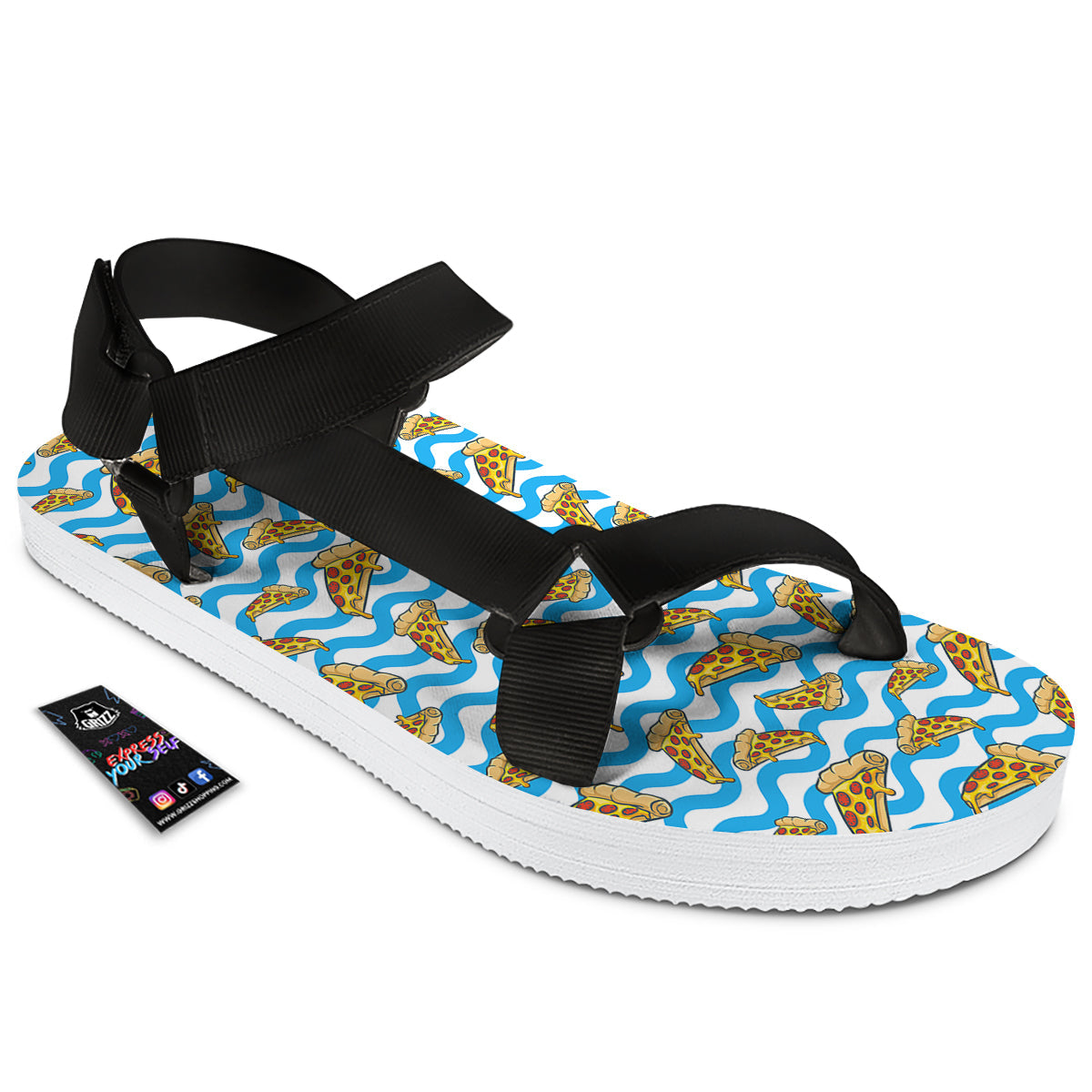 Blue Wave Pizza Print Pattern Black Open Toe Sandals-grizzshop
