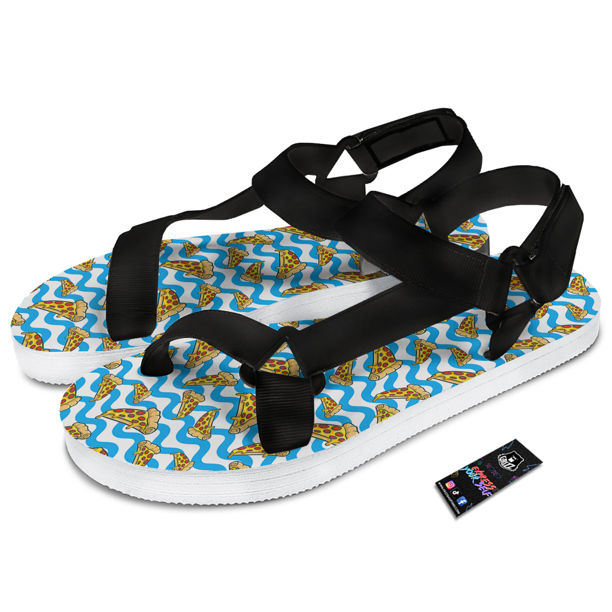 Blue Wave Pizza Print Pattern Black Open Toe Sandals-grizzshop