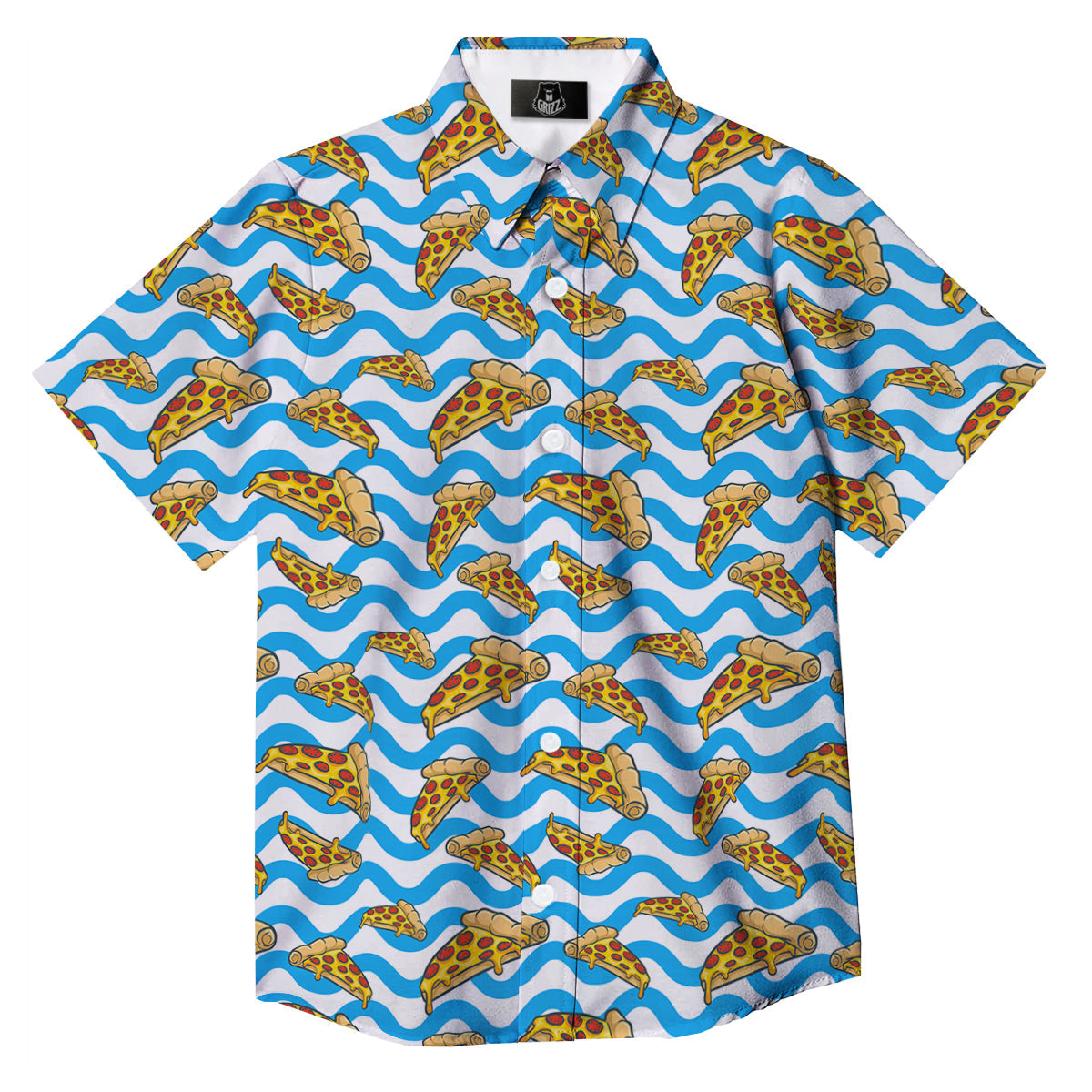 Blue Wave Pizza Print Pattern Button Up Shirt-grizzshop