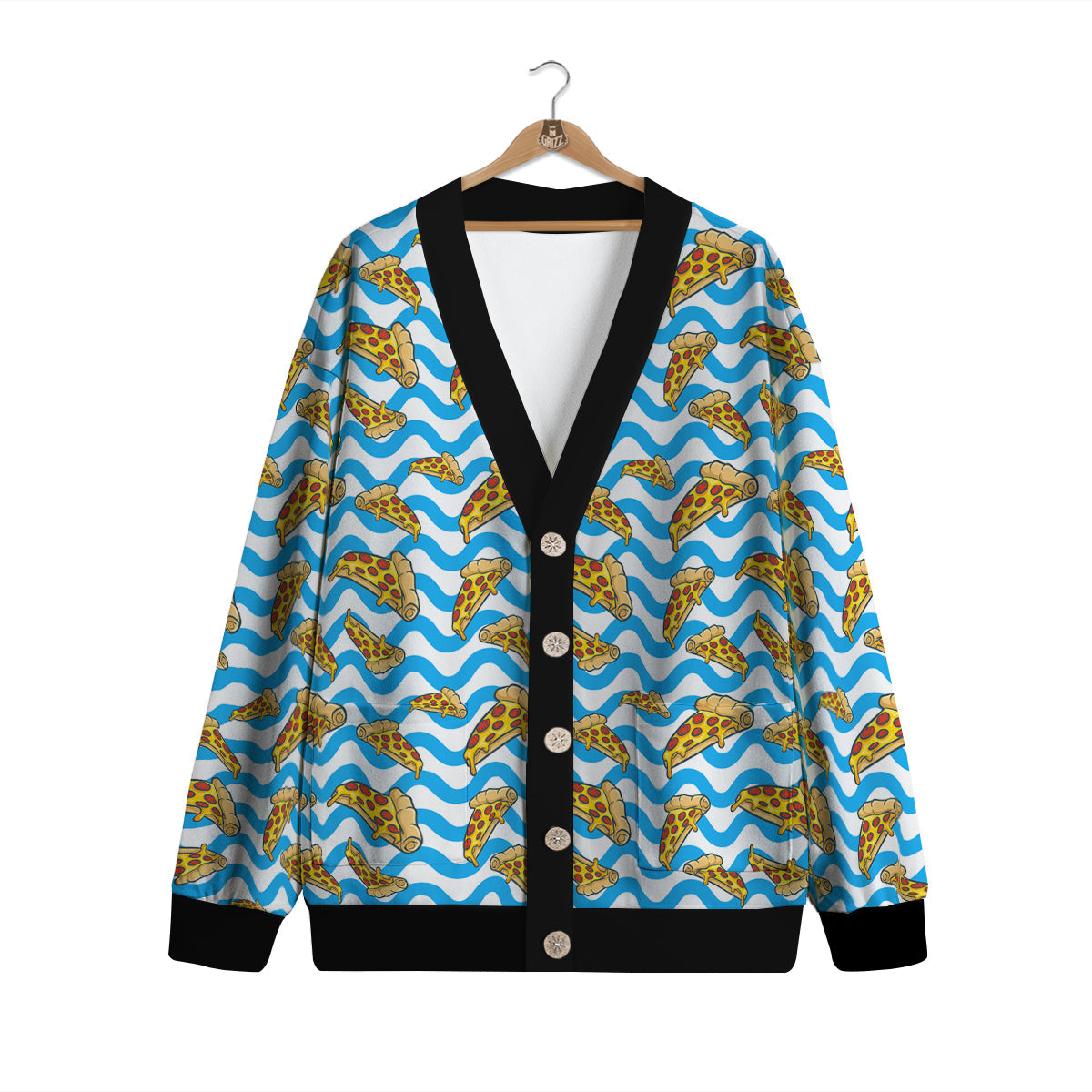 Blue Wave Pizza Print Pattern Cardigan-grizzshop