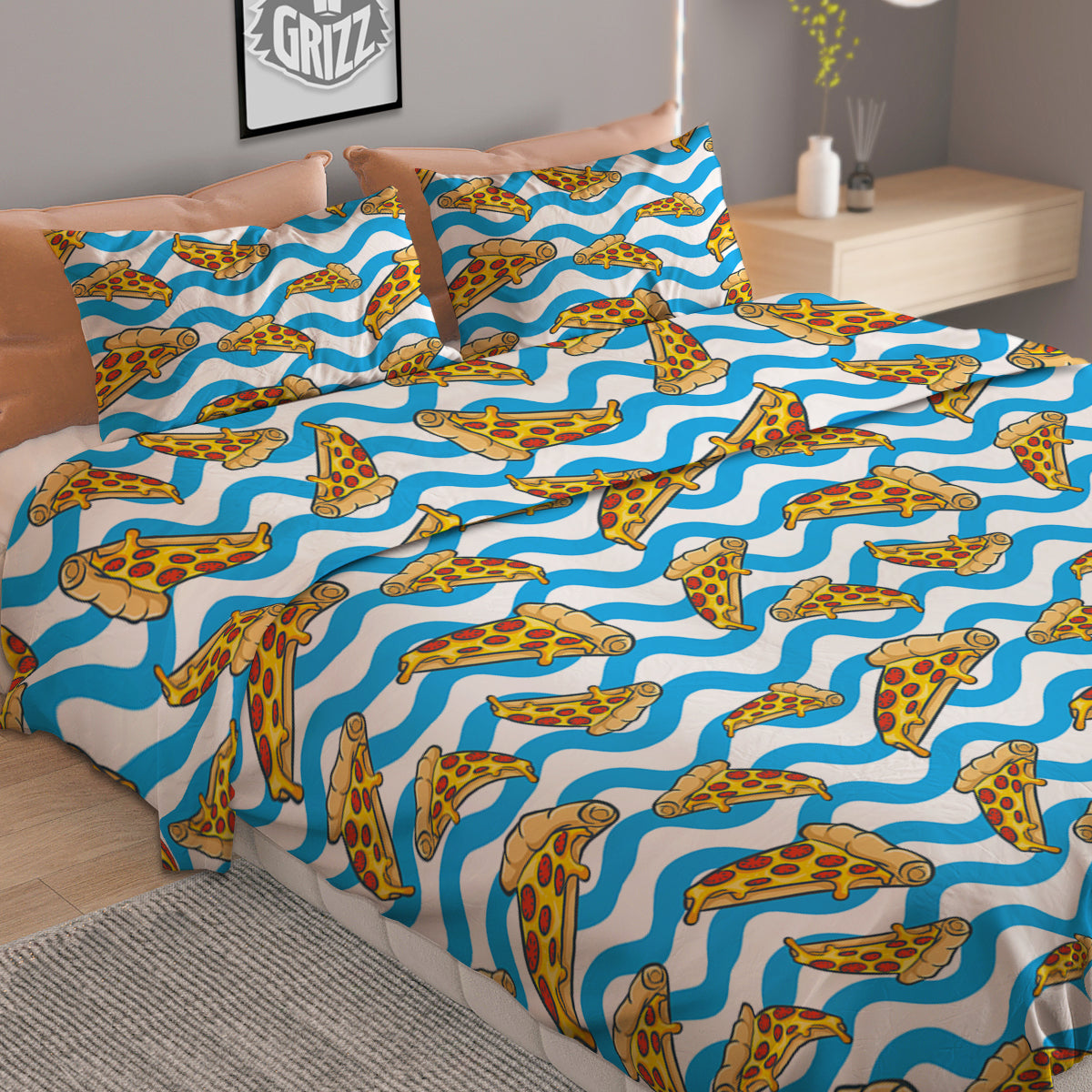 Blue Wave Pizza Print Pattern Duvet Cover Bedding Set