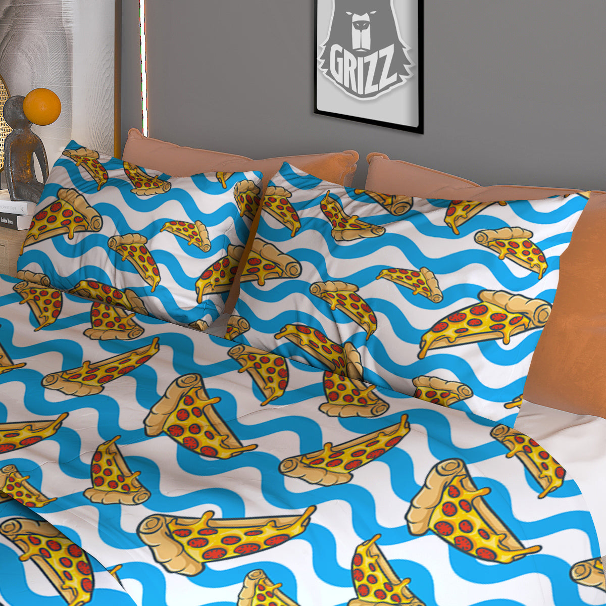 Blue Wave Pizza Print Pattern Duvet Cover Bedding Set