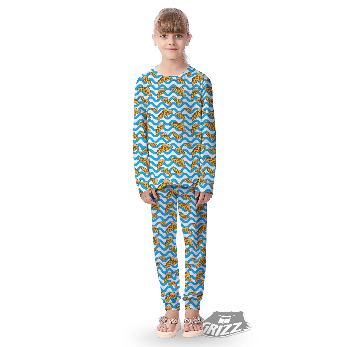 Blue Wave Pizza Print Pattern Kid's Pajamas-grizzshop