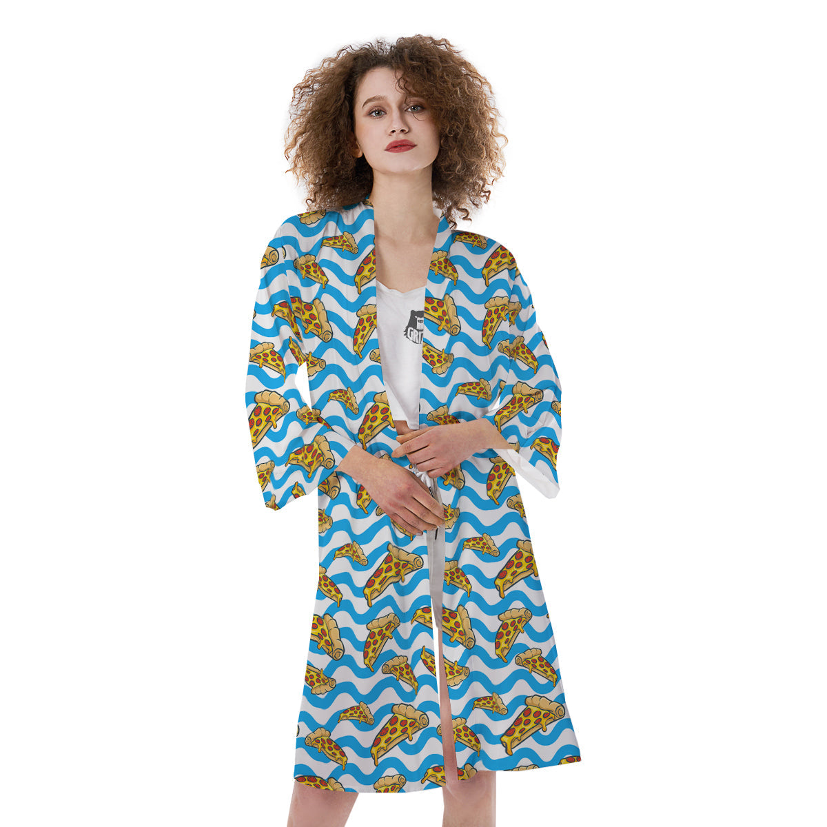 Blue Wave Pizza Print Pattern Kimono-grizzshop