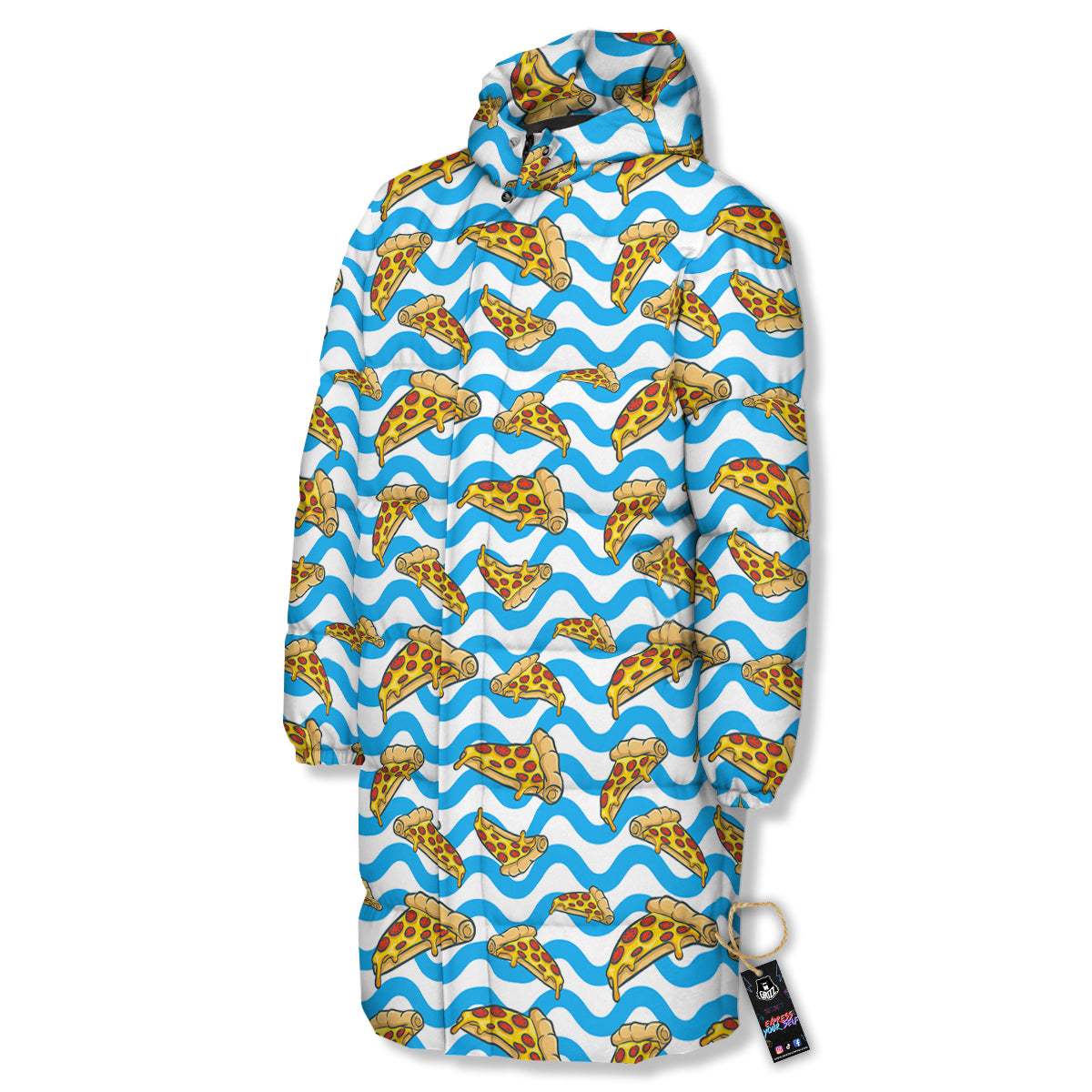 Blue Wave Pizza Print Pattern Long Down Jacket-grizzshop
