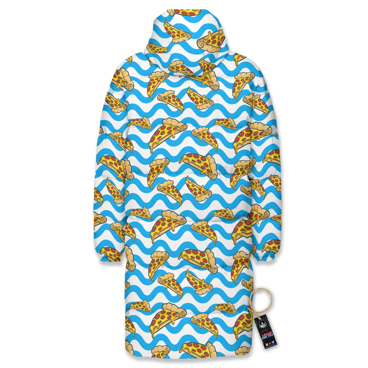 Blue Wave Pizza Print Pattern Long Down Jacket-grizzshop