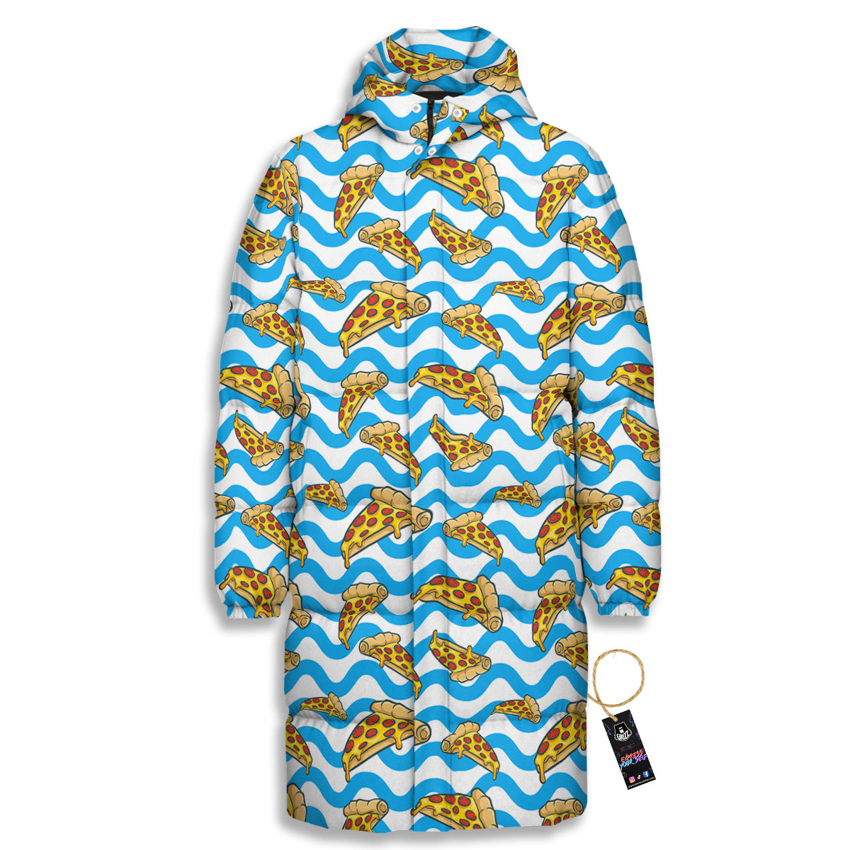 Blue Wave Pizza Print Pattern Long Down Jacket-grizzshop