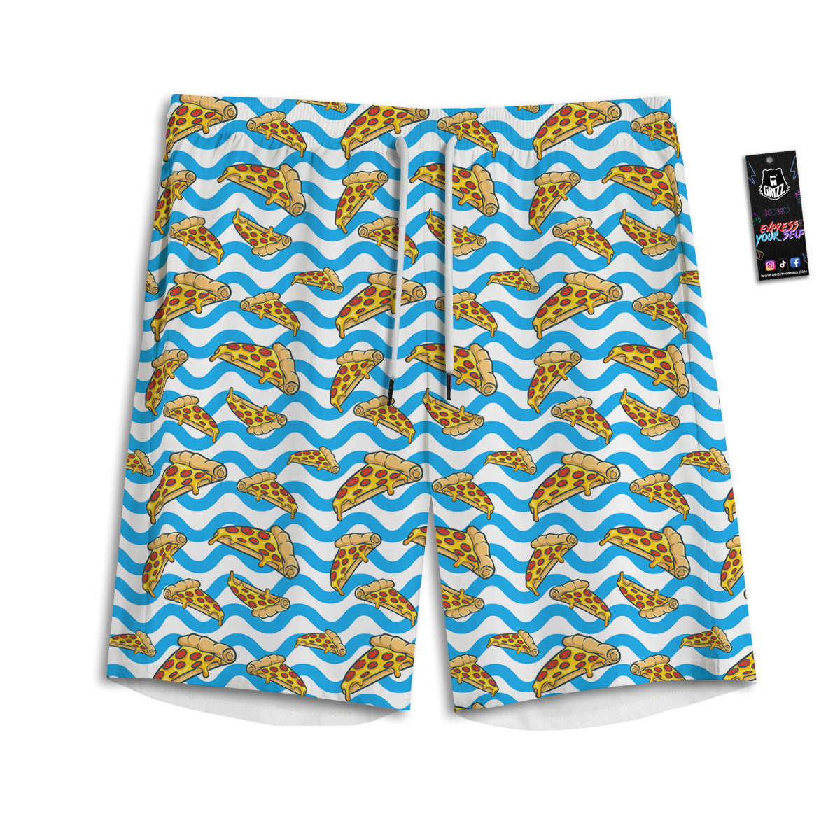 Blue Wave Pizza Print Pattern Men's Athletic Shorts