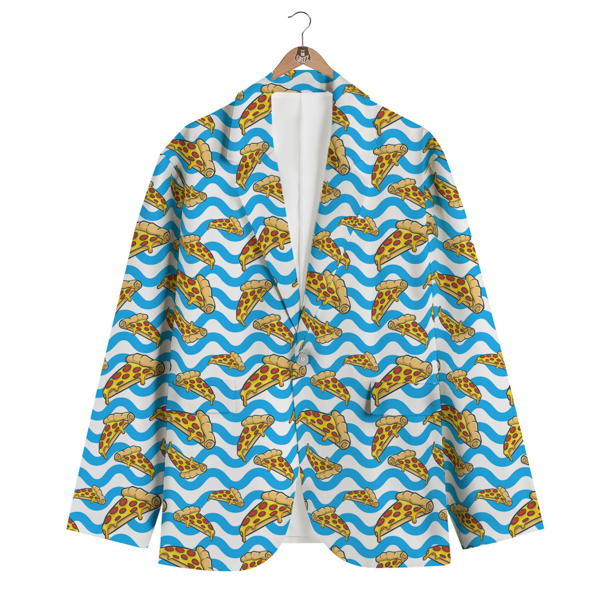 Blue Wave Pizza Print Pattern Men's Blazer-grizzshop