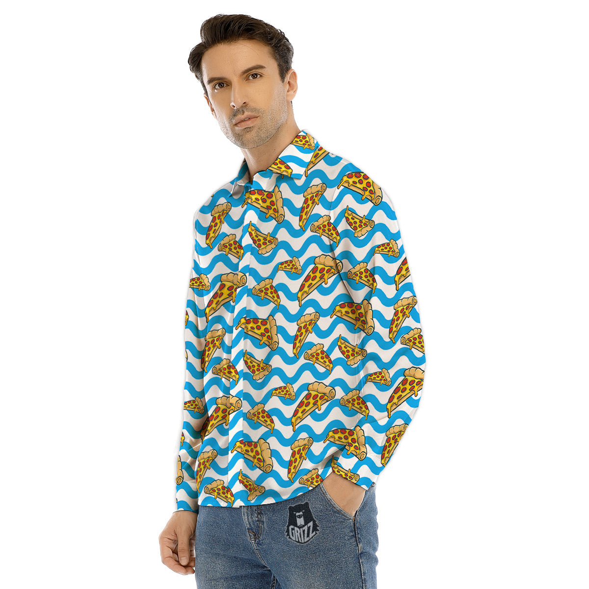 Blue Wave Pizza Print Pattern Men's Dress Shirts-grizzshop