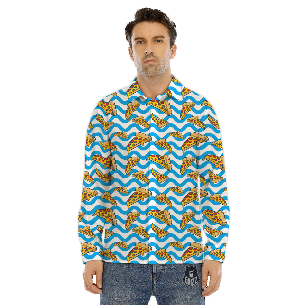 Blue Wave Pizza Print Pattern Men's Dress Shirts-grizzshop