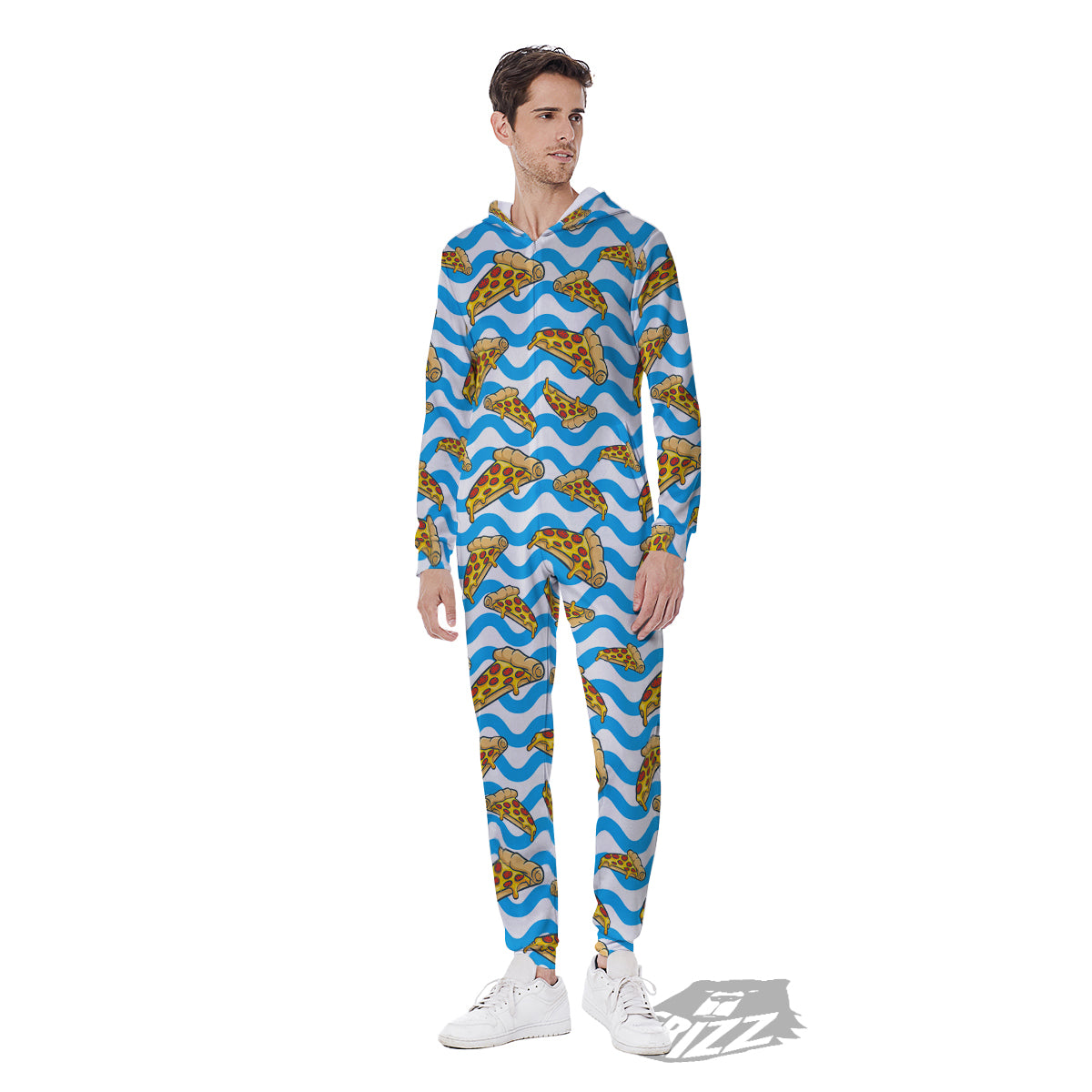 Blue Wave Pizza Print Pattern Men's Jumpsuit-grizzshop