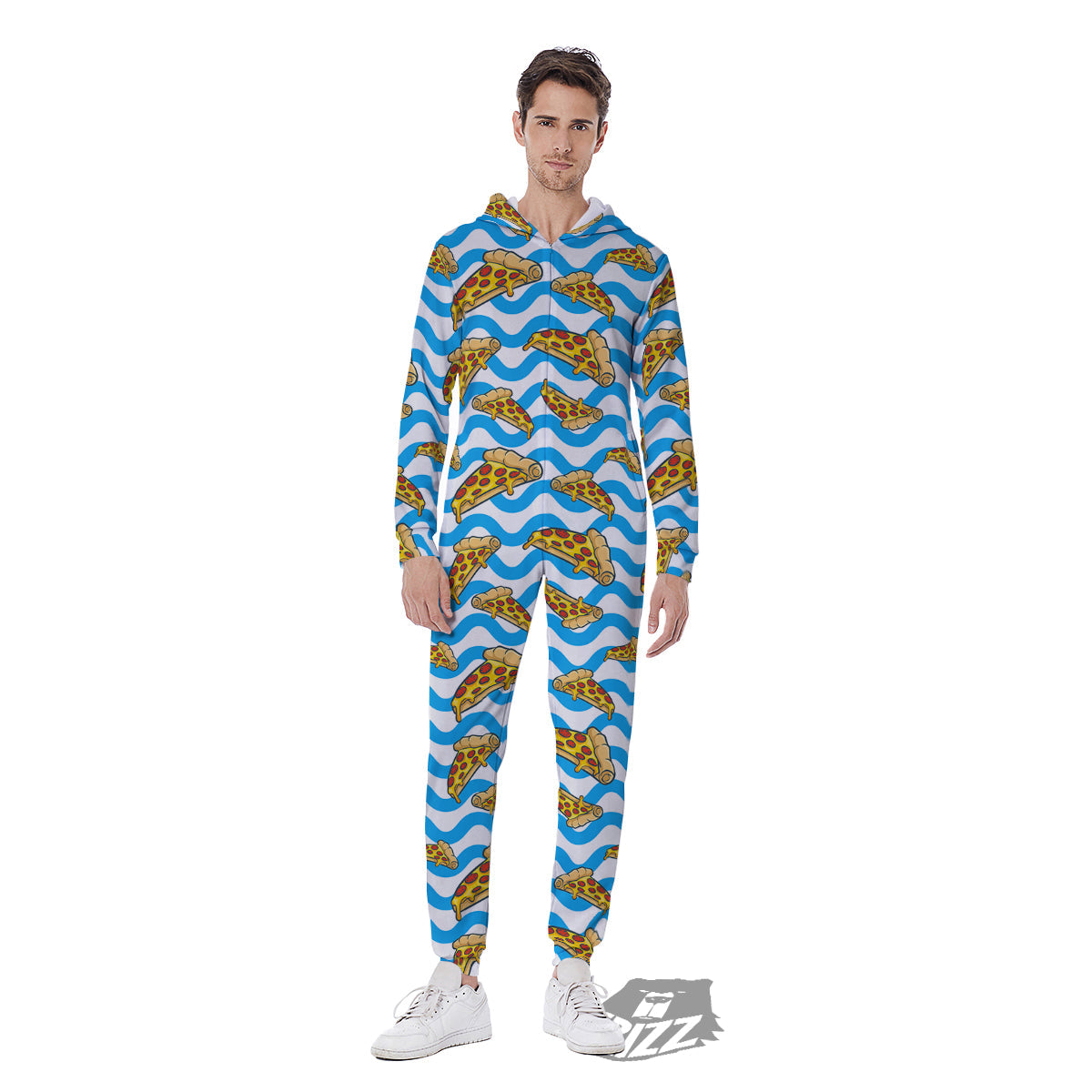 Blue Wave Pizza Print Pattern Men's Jumpsuit-grizzshop