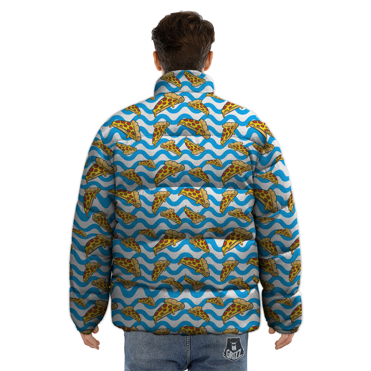 Blue Wave Pizza Print Pattern Puffer Jacket-grizzshop