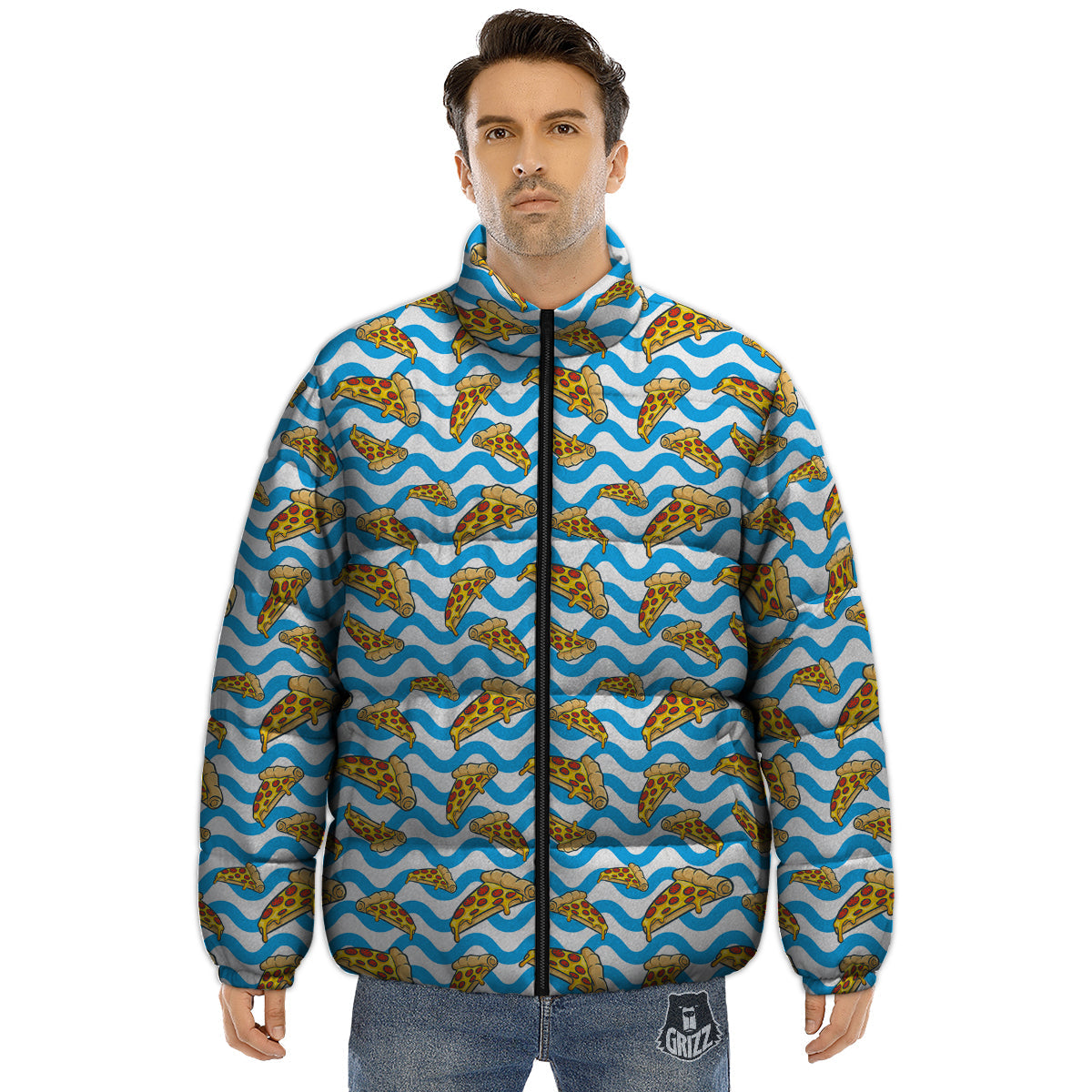 Blue Wave Pizza Print Pattern Puffer Jacket-grizzshop
