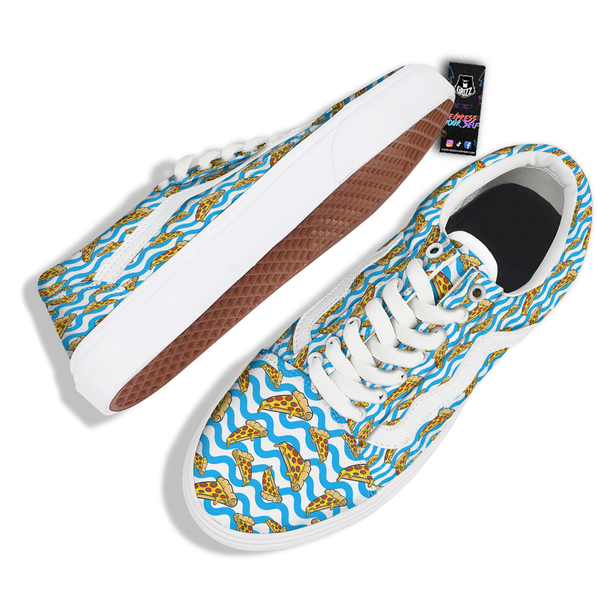 Blue Wave Pizza Print Pattern Skate Shoes-grizzshop
