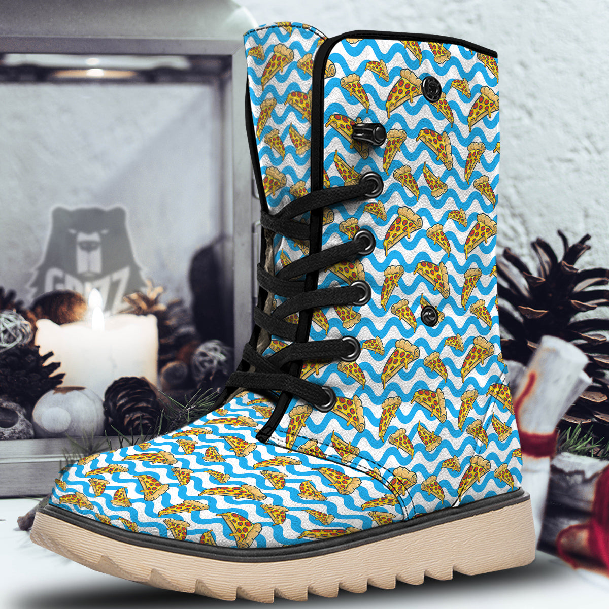Blue Wave Pizza Print Pattern Snow Boots-grizzshop