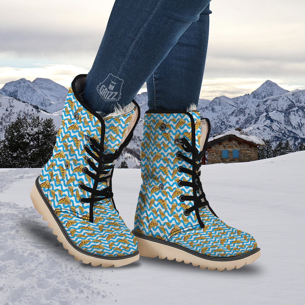 Blue Wave Pizza Print Pattern Snow Boots-grizzshop