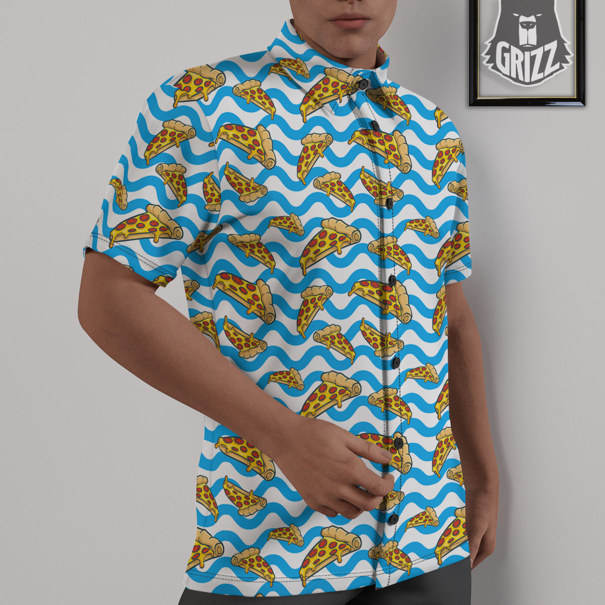 Blue Wave Pizza Print Pattern Untucked Shirts-grizzshop
