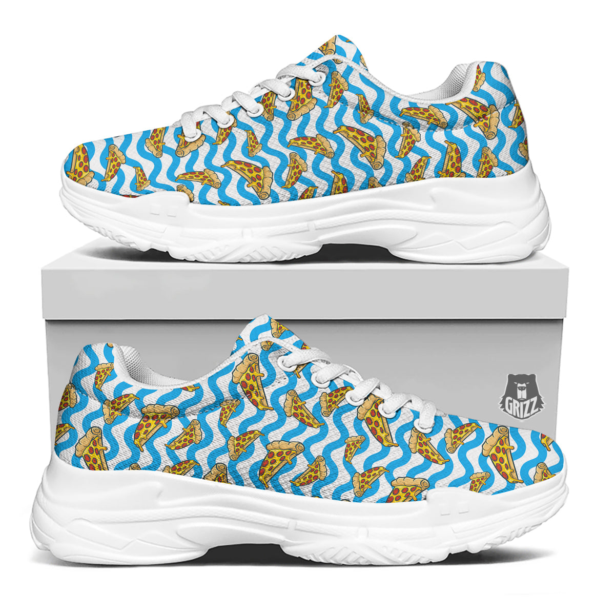Blue Wave Pizza Print Pattern White Chunky Shoes-grizzshop