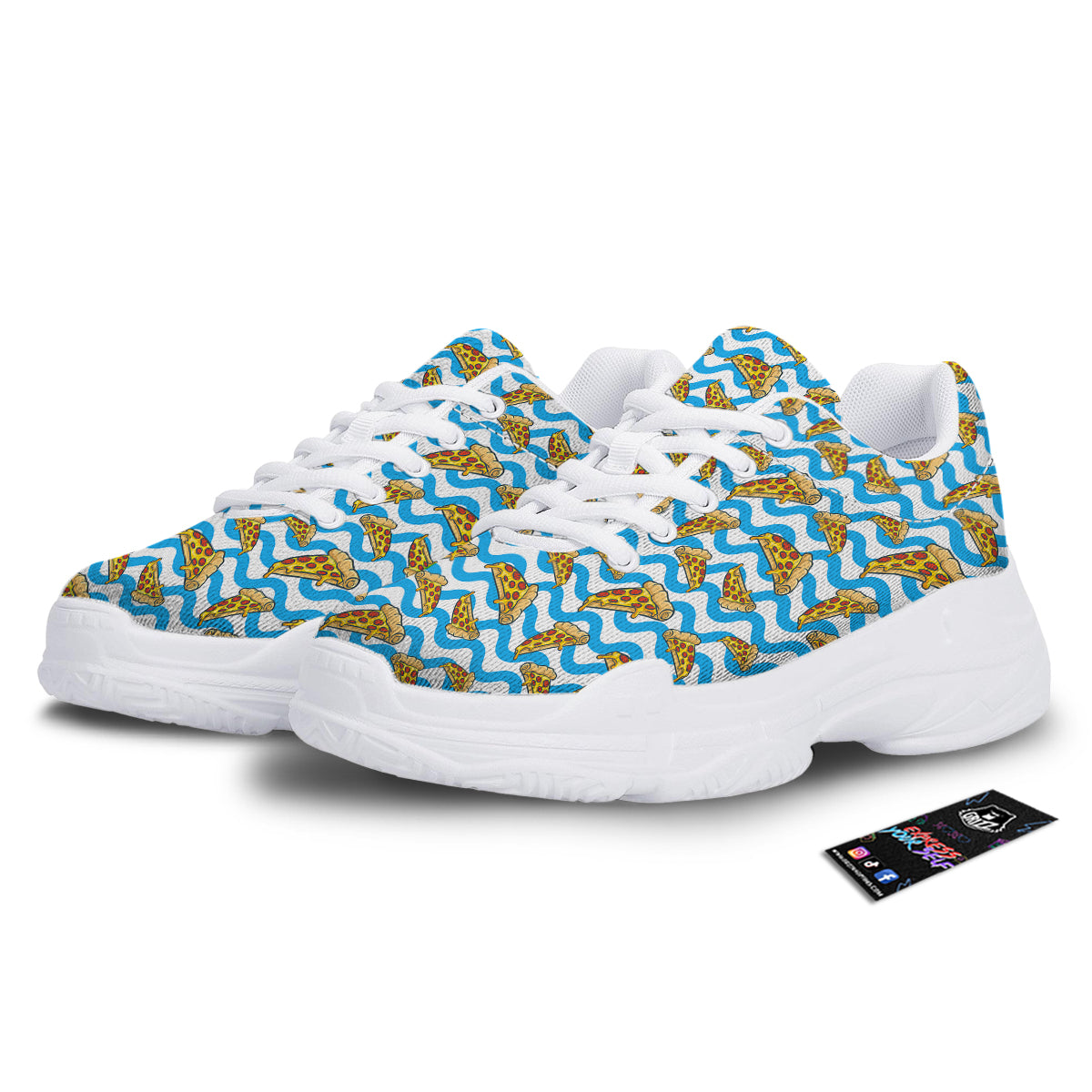 Blue Wave Pizza Print Pattern White Chunky Shoes-grizzshop