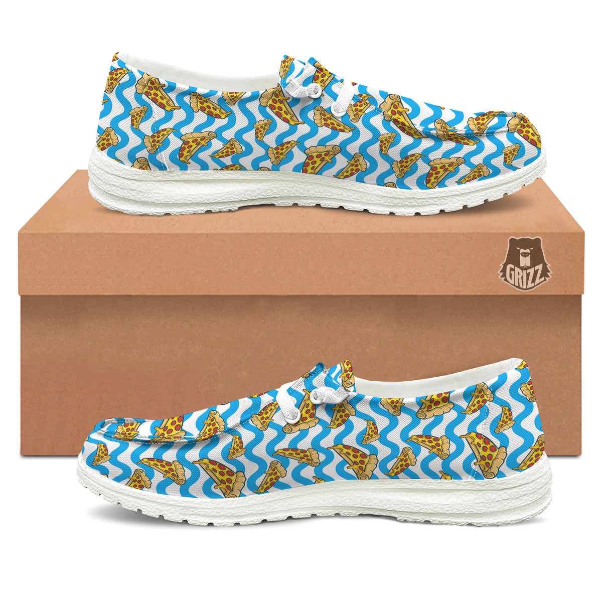Blue Wave Pizza Print Pattern White Loafers-grizzshop