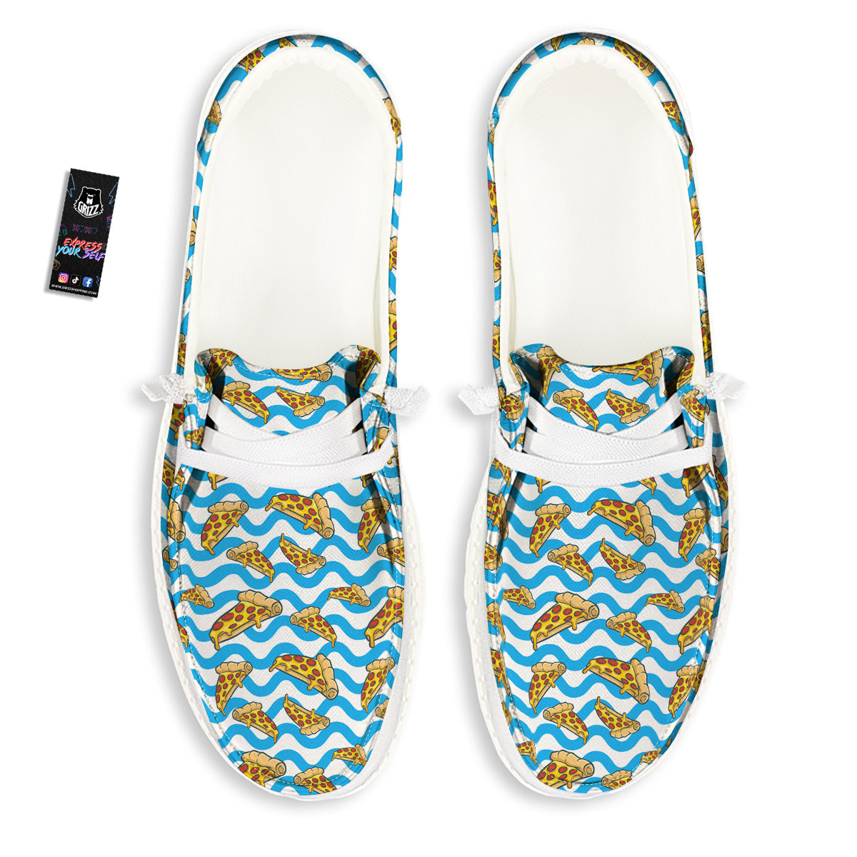 Blue Wave Pizza Print Pattern White Loafers-grizzshop