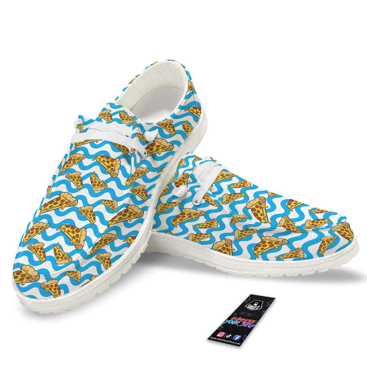 Blue Wave Pizza Print Pattern White Loafers-grizzshop